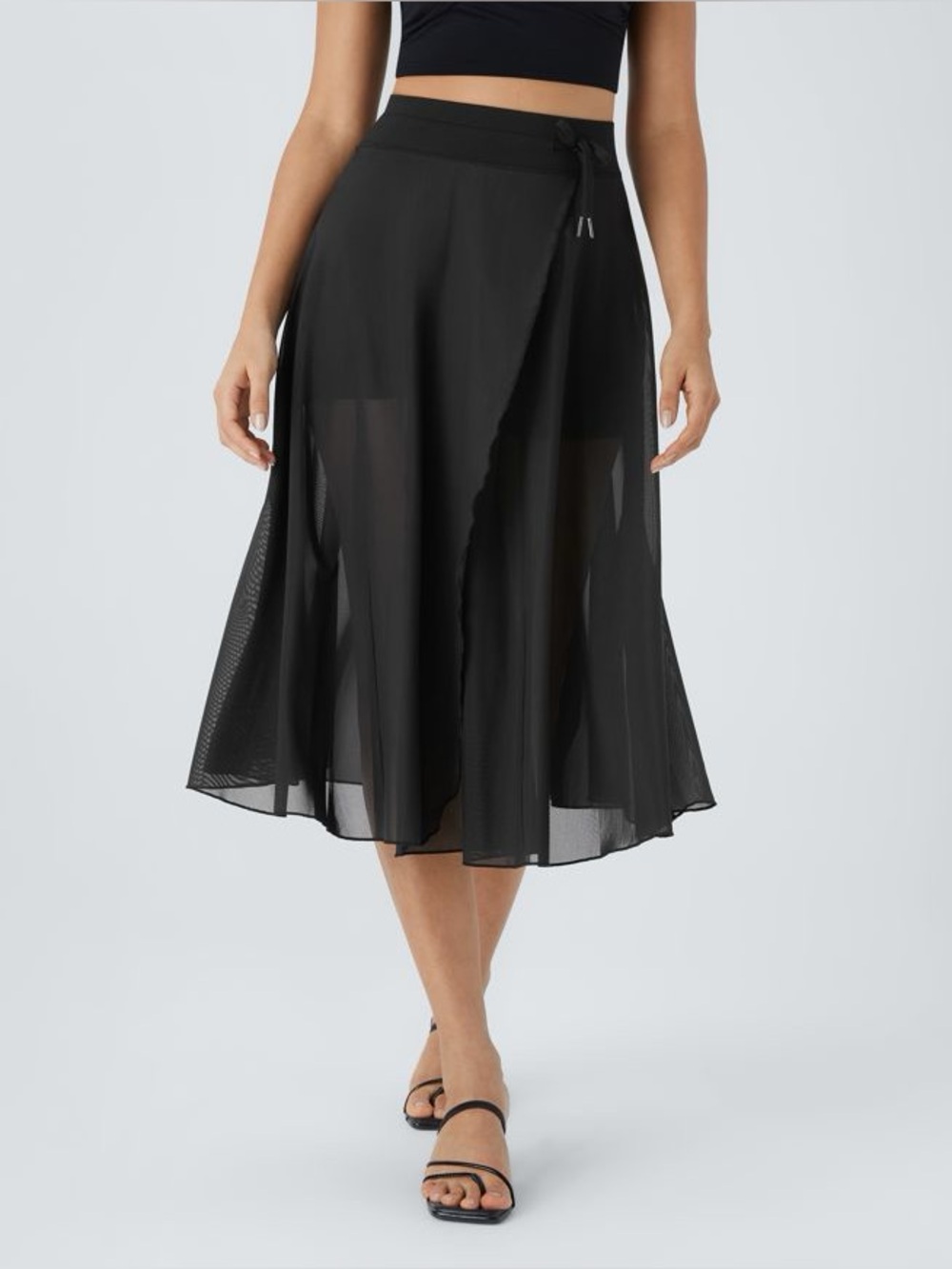 Halara High Waisted Drawstring Mesh 2-in-1 Pocket Flowy Midi Flare Skirt